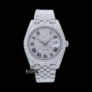 Black Roman Numeral Full Iced Out White Dial Moissanite Diamond Watch