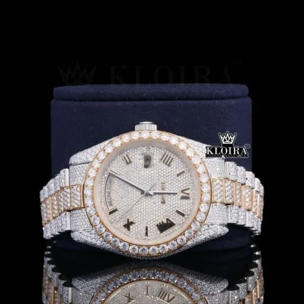 Black Roman Numerals Dial Day Date Display Two Tone Moissanite Watch Close Up Front View