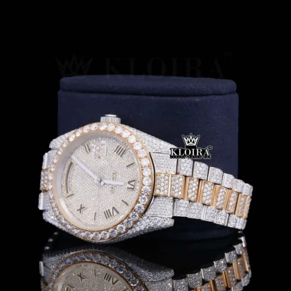Black Roman Numerals Dial Day Date Display Two Tone Moissanite Watch Laft Profile View