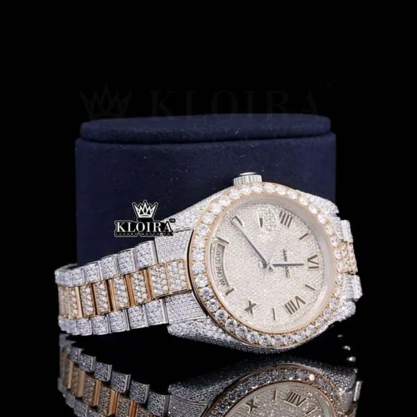 Black Roman Numerals Dial Day Date Display Two Tone Moissanite Watch Right Profile View