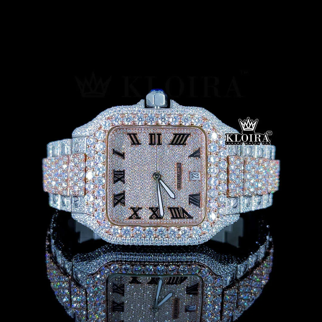 Black Roman Numerals Dial Two Tone Block Link Strap Moissanite Watch Front View