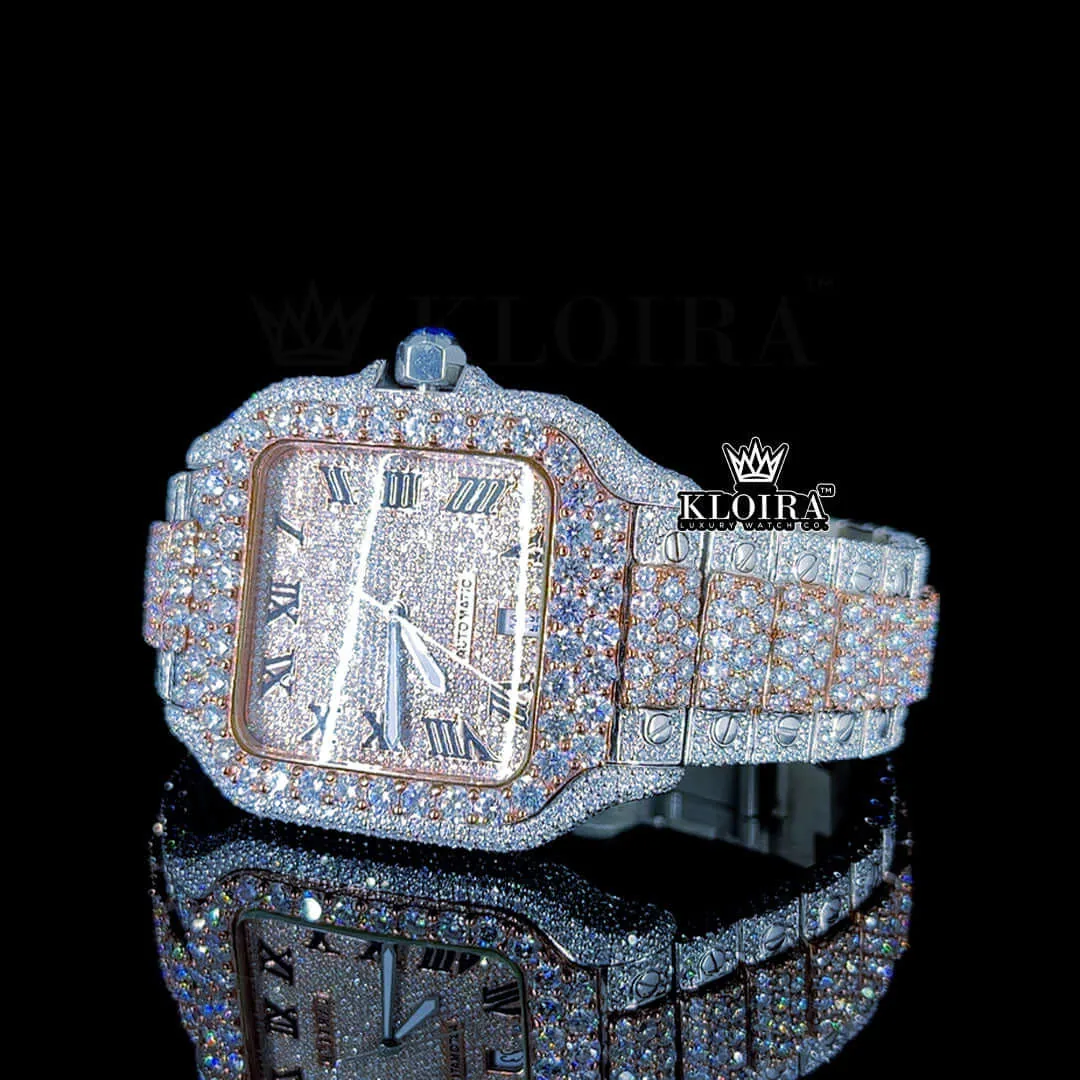 Black Roman Numerals Dial Two Tone Block Link Strap Moissanite Watch Left Profile View