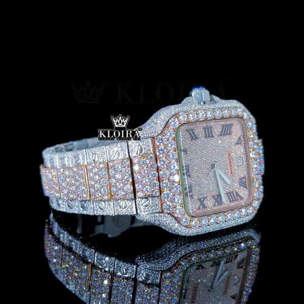 Black Roman Numerals Dial Two Tone Block Link Strap Moissanite Watch Right Profile View