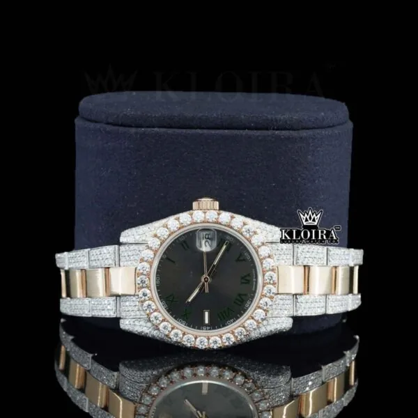 Black Roman Numerals Dial Two Tone Fully Iced Out Moissanite Watch Close Up Front View
