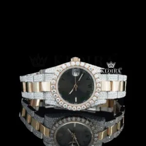 Black Roman Numerals Dial Two Tone Fully Iced Out Moissanite Watch