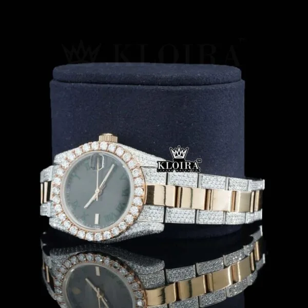 Black Roman Numerals Dial Two Tone Fully Iced Out Moissanite Watch Left Profile View