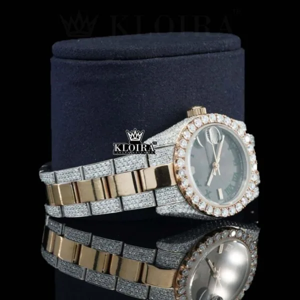 Black Roman Numerals Dial Two Tone Fully Iced Out Moissanite Watch Right Profile View