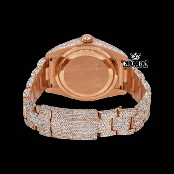 Black Roman Numerals Dual Time Dial Rose Gold Fully Iced Out Moissanite Watch Caseback View