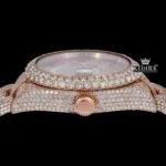 Black Roman Numerals Dual Time Dial Rose Gold Fully Iced Out Moissanite Watch Crown View
