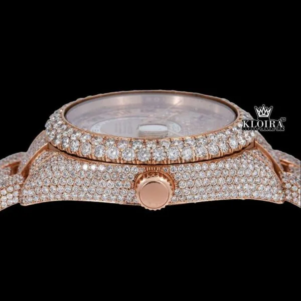 Black Roman Numerals Dual Time Dial Rose Gold Fully Iced Out Moissanite Watch Crown View