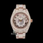 Black Roman Numerals Dual Time Dial Rose Gold Fully Iced Out Moissanite Watch Front View