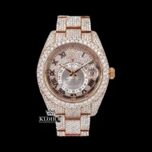 Black Roman Numerals Dual Time Dial Rose Gold Fully Iced Out Moissanite Watch