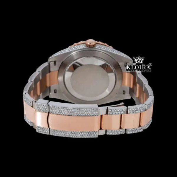 Black Roman Numerals Rose Gold Dial Two Tone Moissanite Diamond Watch Caseback View
