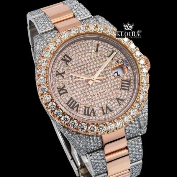Black Roman Numerals Rose Gold Dial Two Tone Moissanite Diamond Watch Close Up Dial View