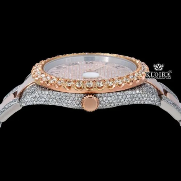 Black Roman Numerals Rose Gold Dial Two Tone Moissanite Diamond Watch Crown View