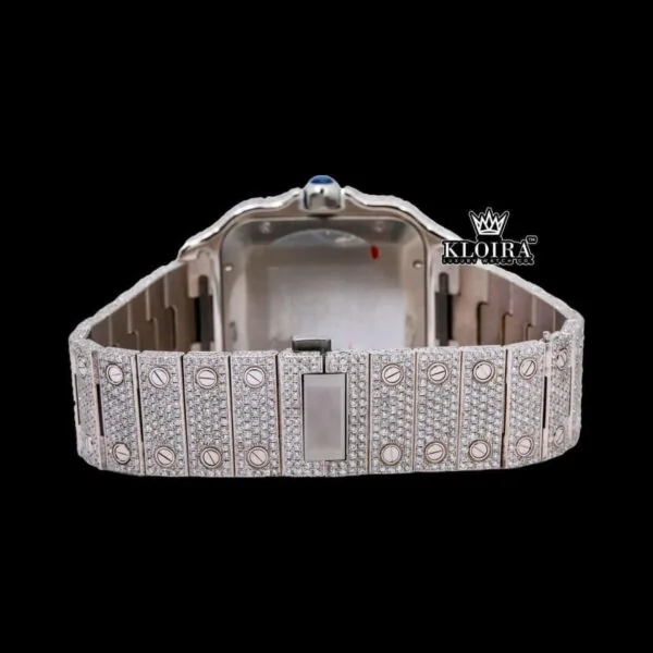Black Roman Numerals Square White Dial Iced Out Moissanite Watch Caseback View