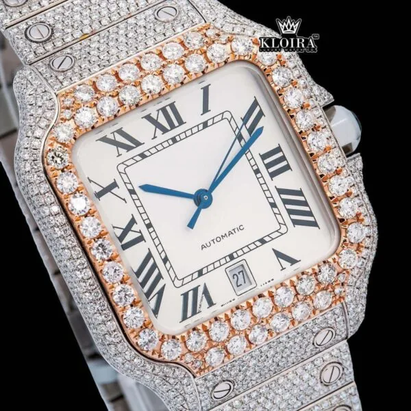 Black Roman Numerals Square White Dial Iced Out Moissanite Watch Close Up Dial View