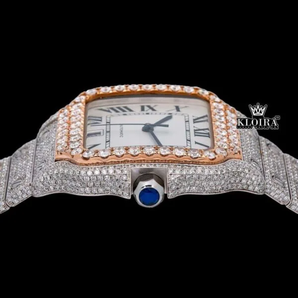 Black Roman Numerals Square White Dial Iced Out Moissanite Watch Crown View