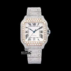 Black Roman Numerals Square White Dial Iced Out Moissanite Watch