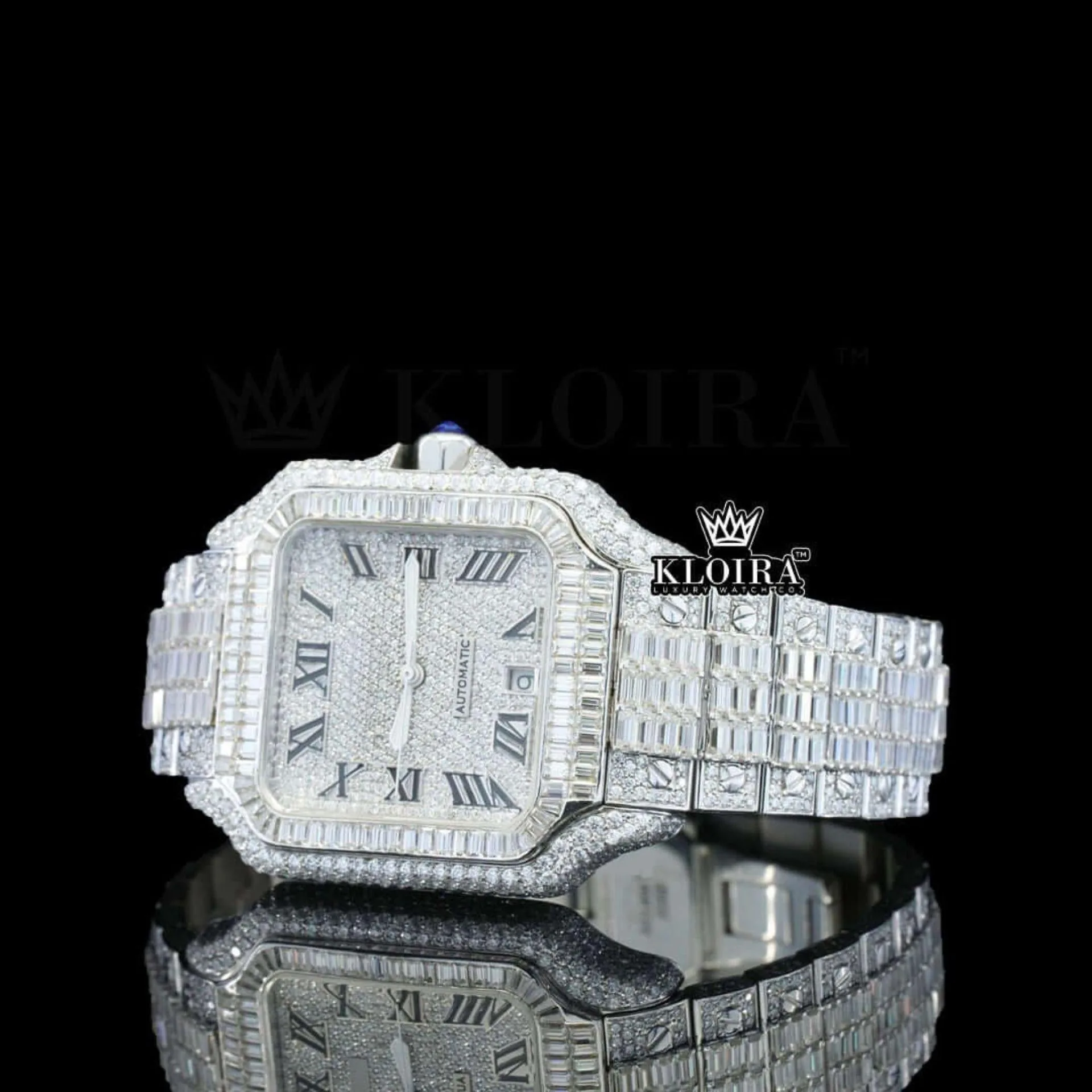 Black Roman Numerals White Dial Baguette Lab-Grown Diamond Watch Left Profile View