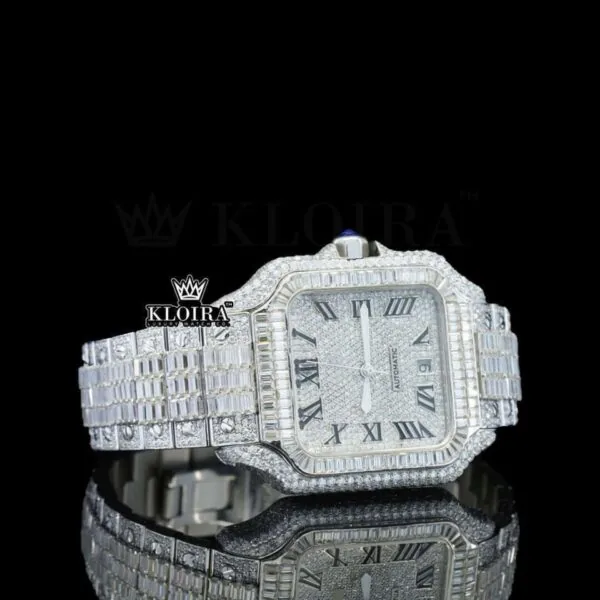 Black Roman Numerals White Dial Baguette Lab-Grown Diamond Watch Right Profile View