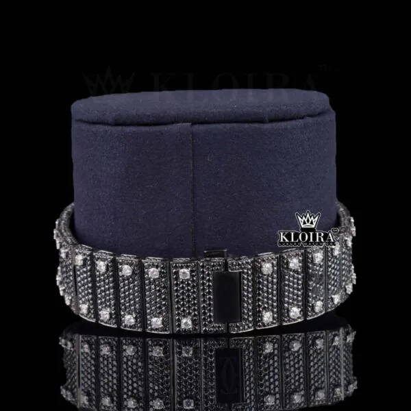 Black Roman Numerals White Dial Black Iced Moissanite Diamond Watch Close Up Bracelet View