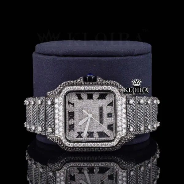 Black Roman Numerals White Dial Black Iced Moissanite Diamond Watch Close Up Front View