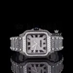 Black Roman Numerals White Dial Black Iced Moissanite Diamond Watch