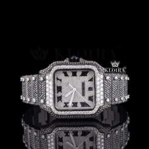 Black Roman Numerals White Dial Black Iced Moissanite Diamond Watch