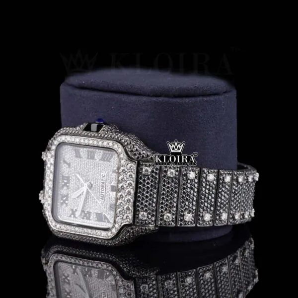 Black Roman Numerals White Dial Black Iced Moissanite Diamond Watch Left Profile View