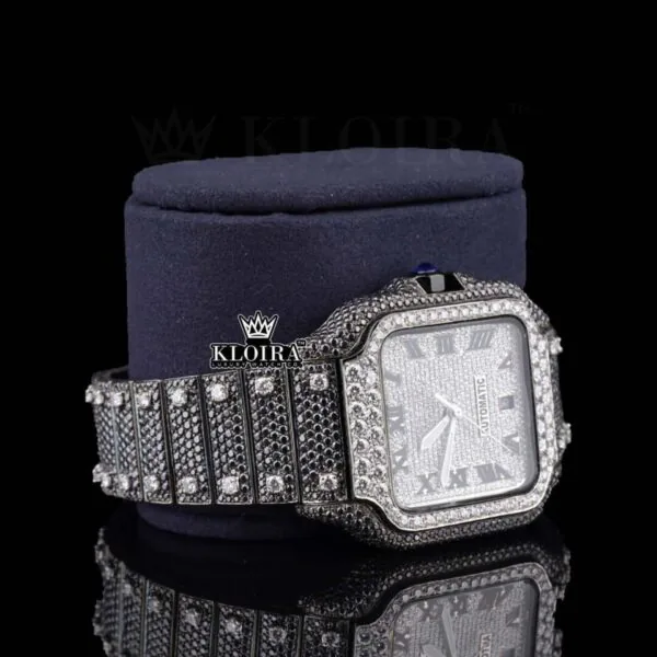 Black Roman Numerals White Dial Black Iced Moissanite Diamond Watch Right Profile View