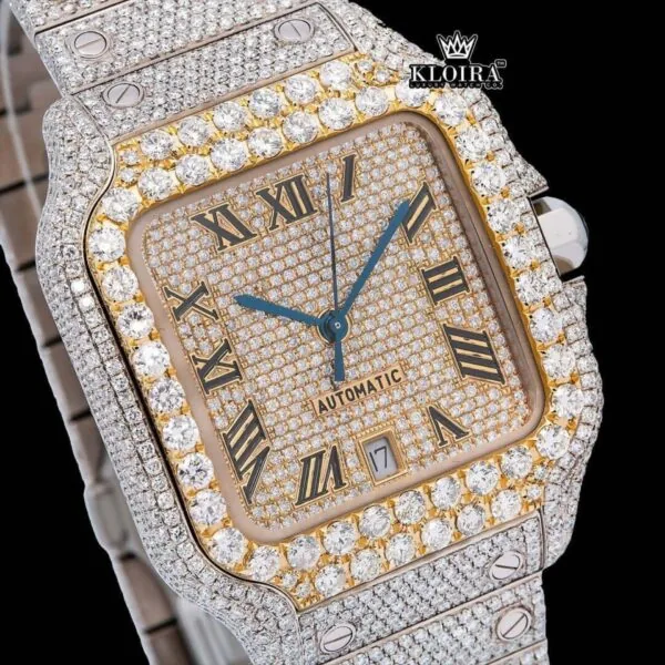 Black Roman Numerals Yellow Dial Two Tone Moissanite Watch Close Up Dial View