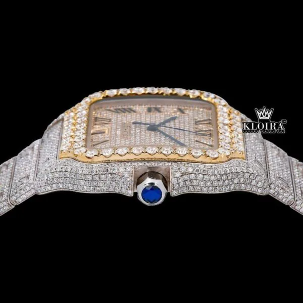 Black Roman Numerals Yellow Dial Two Tone Moissanite Watch Crown View