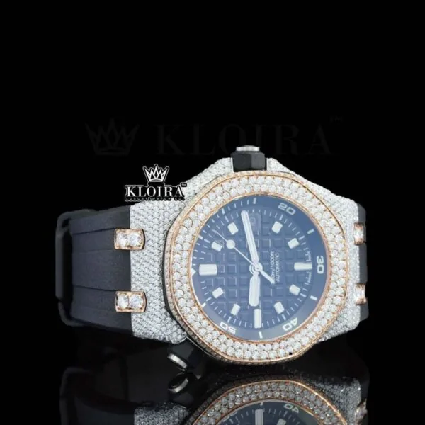 Black Rubber Strap AP Black Dial Semi Iced Out Moissanite Diamond Watch Right Profile View