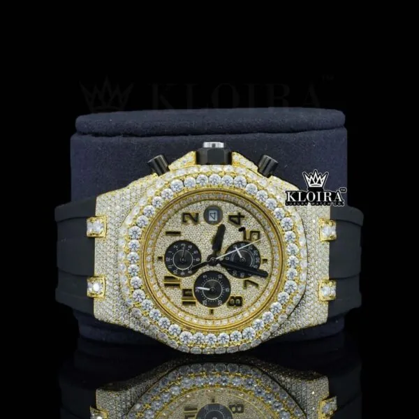Black Rubber Strap AP Iced Out Yellow Dial Moissanite Diamond Watch Close Up Dial View
