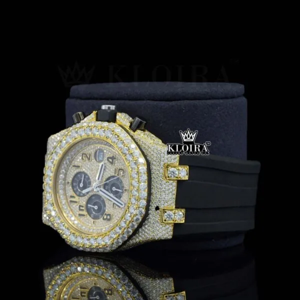 Black Rubber Strap AP Iced Out Yellow Dial Moissanite Diamond Watch Left Profile View
