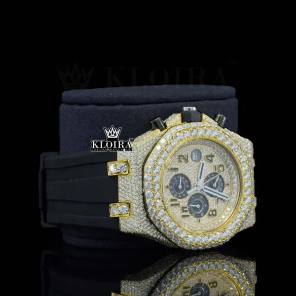 Black Rubber Strap AP Iced Out Yellow Dial Moissanite Diamond Watch Right Profile View
