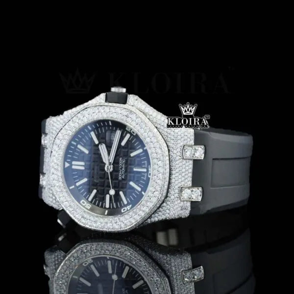 Black Rubber Strap Black Dial AP Iced Out Moissanite Diamond Watch Left Profile View