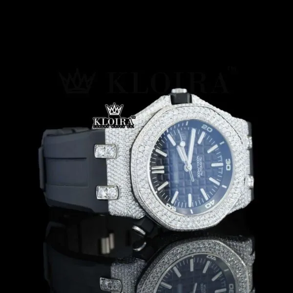 Black Rubber Strap Black Dial AP Iced Out Moissanite Diamond Watch Right Profile View