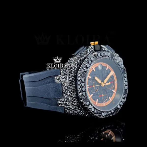 Black Rubber Strap Chronograph Dial Semi Iced Out Moissanite Watch Right Profile View