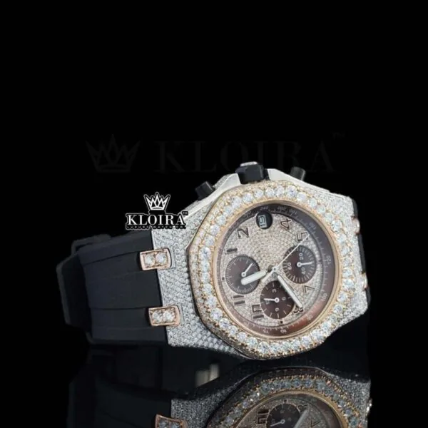 Black Rubber Strap Chronograph Semi Iced Out Moissanite Diamond Watch Right Profile View
