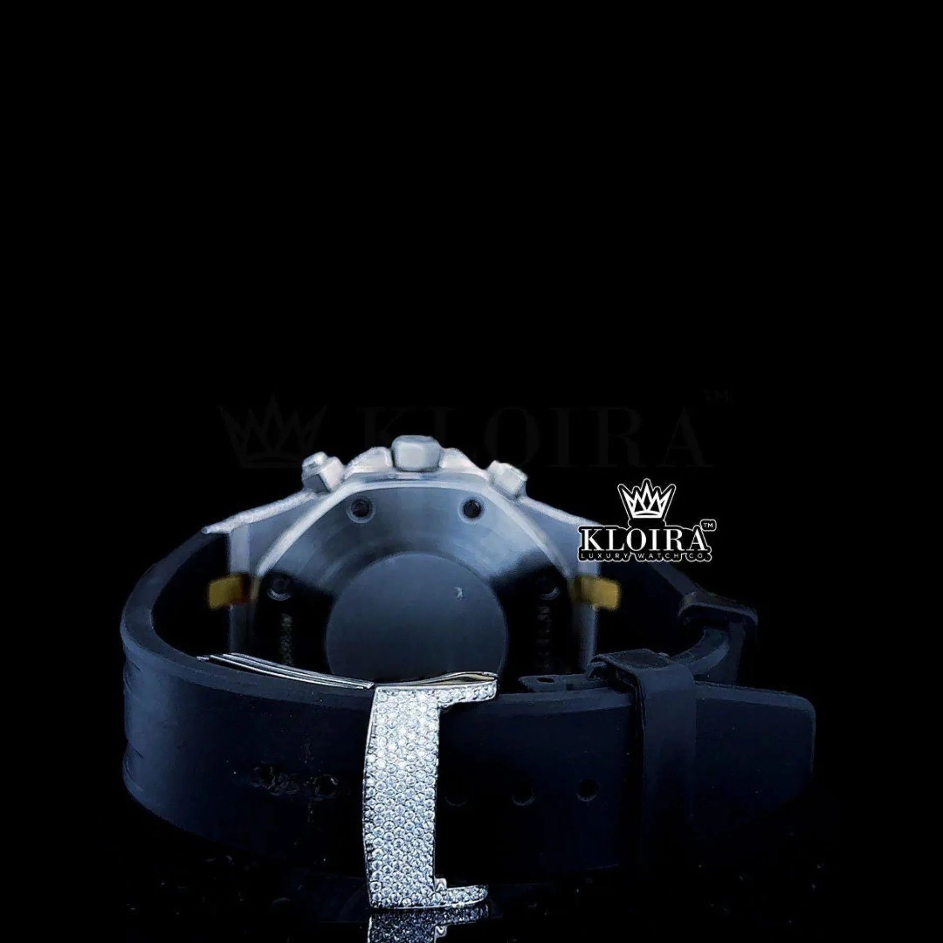 Black Rubber Strap Iced Out Chronograph Dial Moissanite Diamond Watch Caseback View