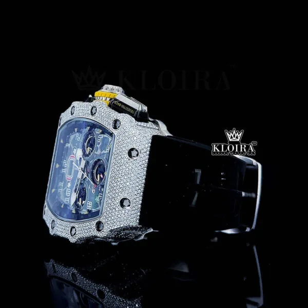 Black Rubber Strap Skeleton Dial Semi Iced Out Moissanite Watch Close Up Laft Side View