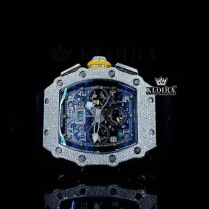 Black Rubber Strap Skeleton Dial Semi Iced Out Moissanite Watch