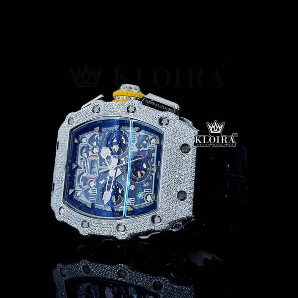 Black Rubber Strap Skeleton Dial Semi Iced Out Moissanite Watch Laft Profile View