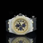 Black Rubber Strap Yellow Dial Chronograph Standard Numerals Moissanite Watch