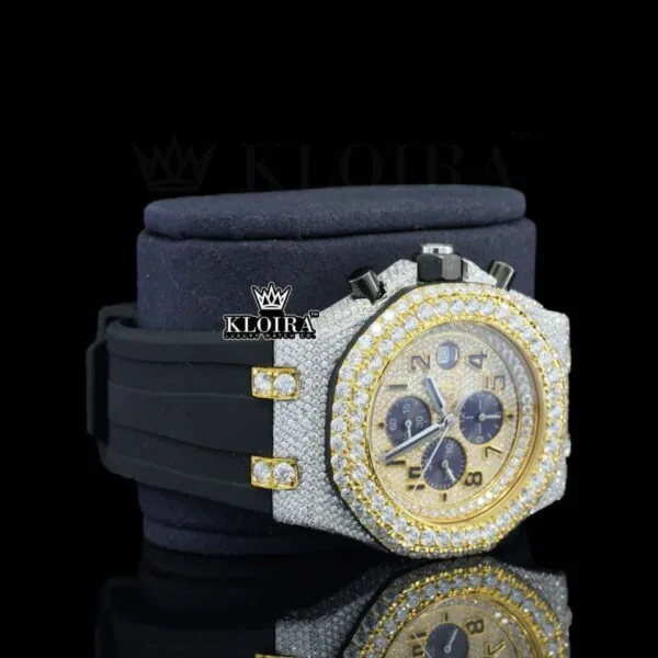 Black Rubber Strap Yellow Dial Chronograph Standard Numerals Moissanite Watch Right Profile View