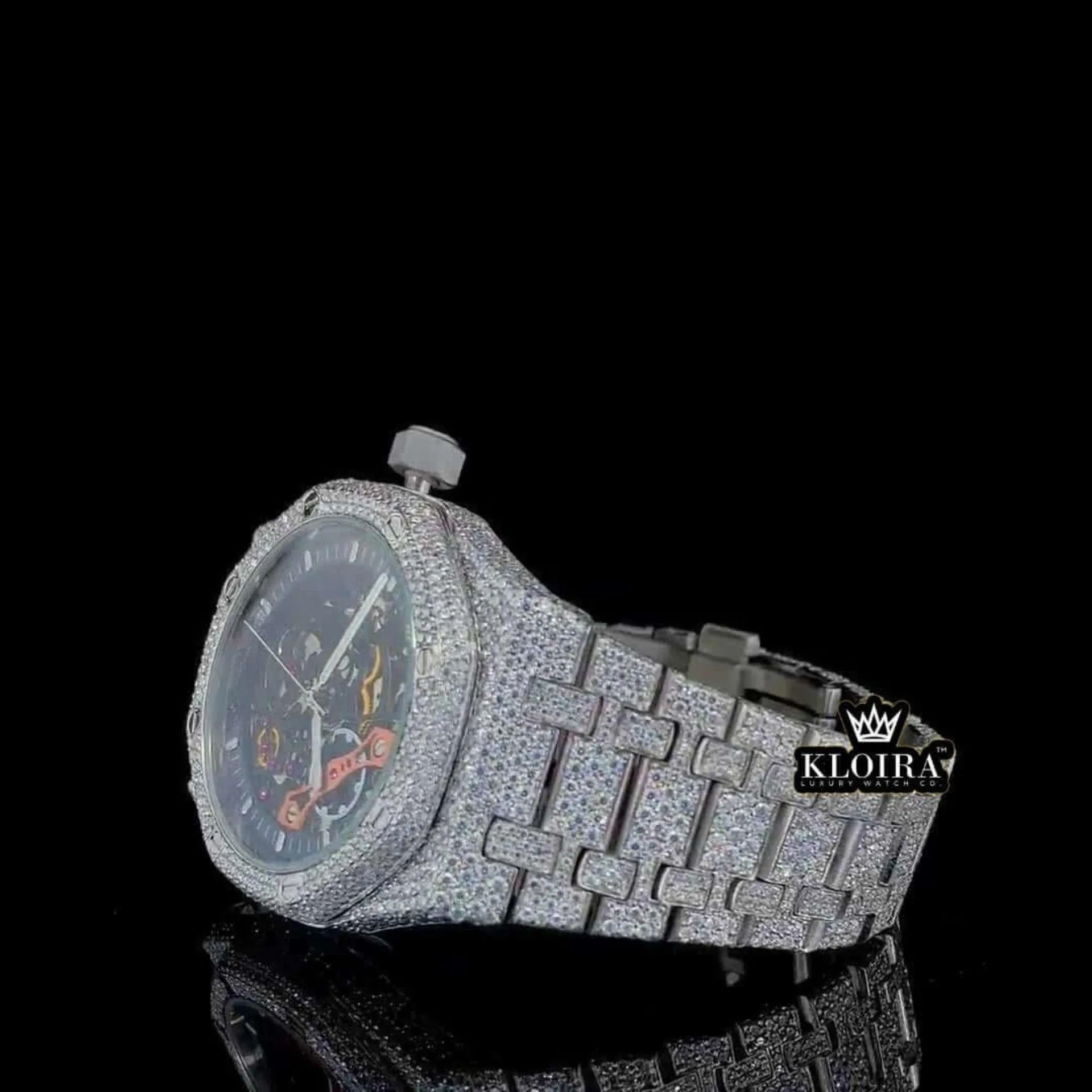 Black Skeleton Dial Fully Iced Out Moissanite Diamond Watch Left Profile View