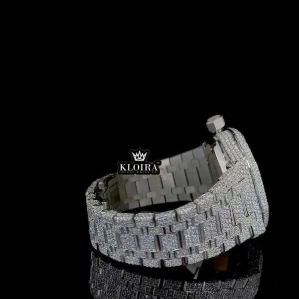 Black Skeleton Dial Fully Iced Out Moissanite Diamond Watch Right Profile View