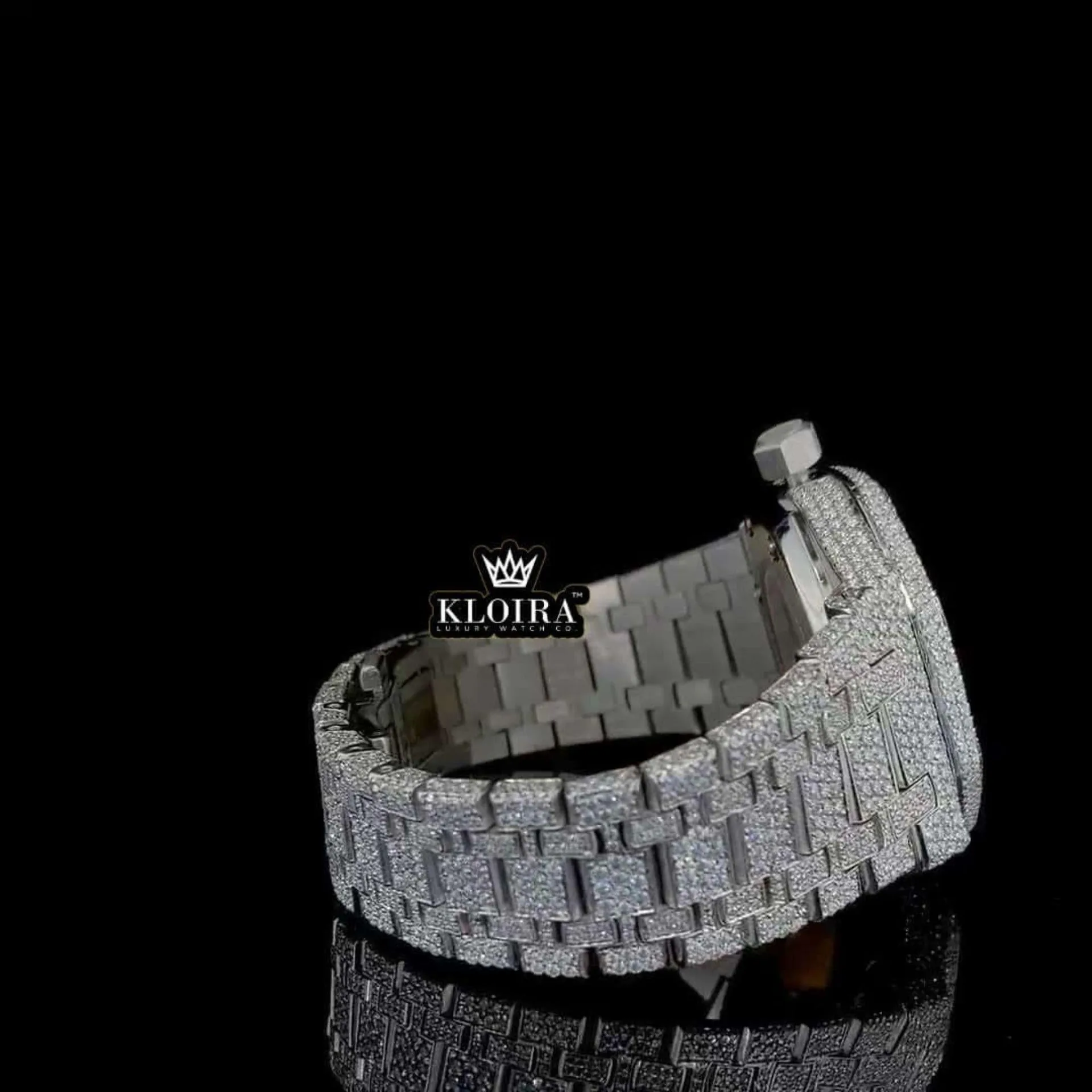 Black Skeleton Dial Fully Iced Out Moissanite Diamond Watch Right Profile View